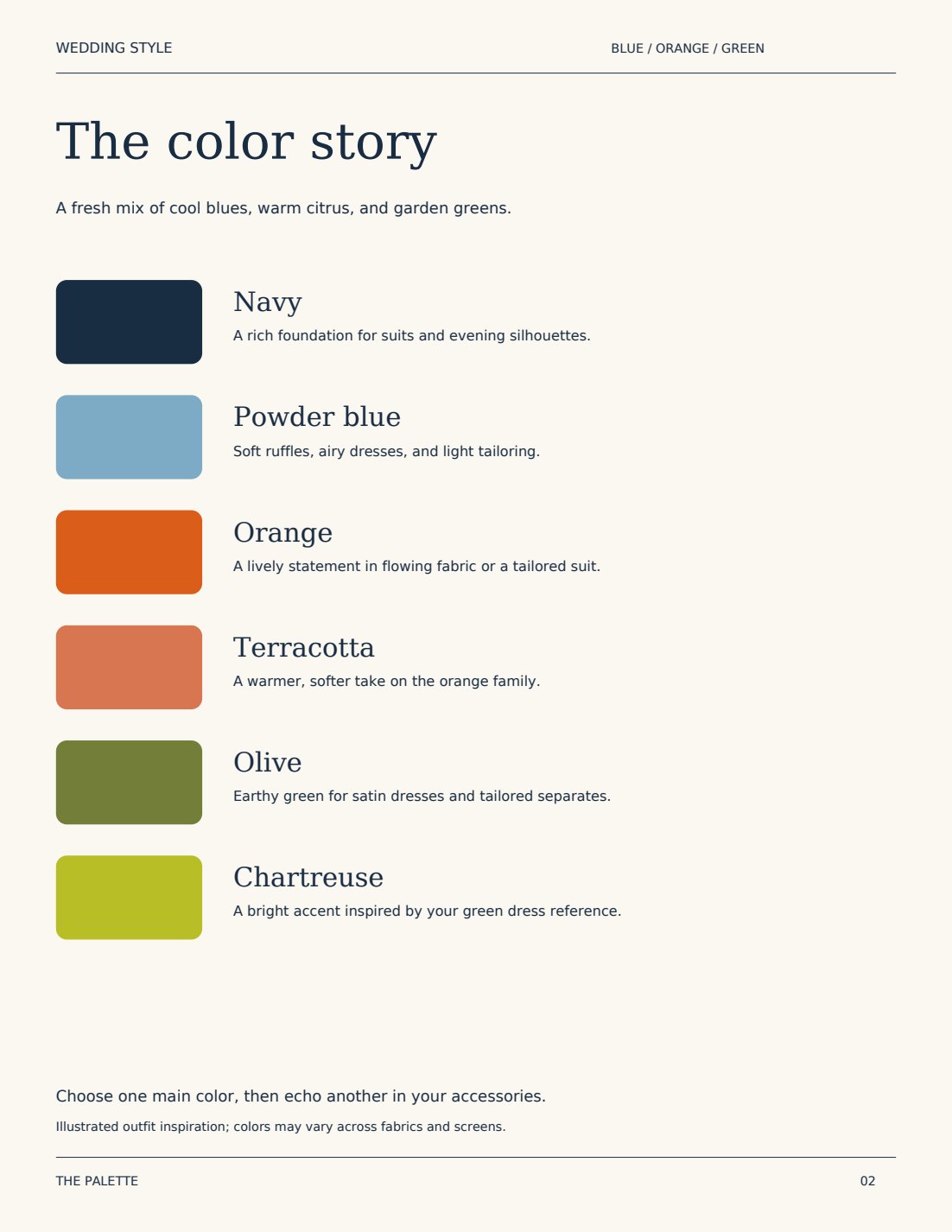 The color story — navy, powder blue, orange, terracotta, olive, chartreuse palette